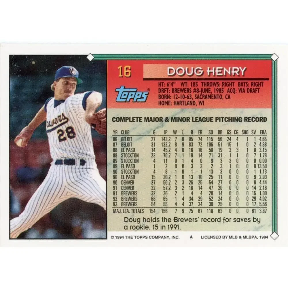 1994 Topps Doug Henry # 16 Milwaukee Brewers